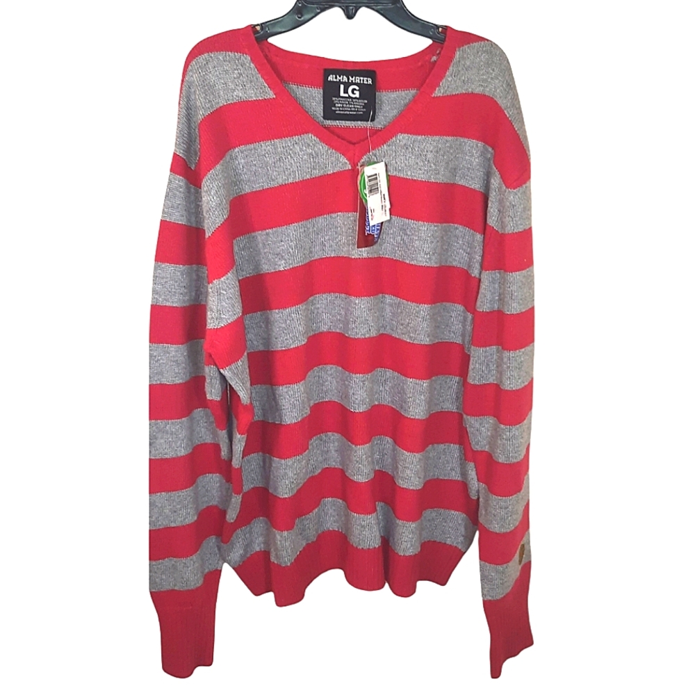 NWT Alma Mater Ohio State Buckeyes Stripe V-Neck Knit Vintage Sweater RED GREY